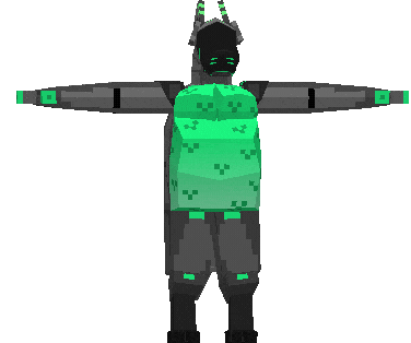 3D Low poly model of my synth character. He's a pretty chubby synth with a belly and chest made entirely out of goo, his frame is mostly made with shades of grey with lime/pastel green accents.